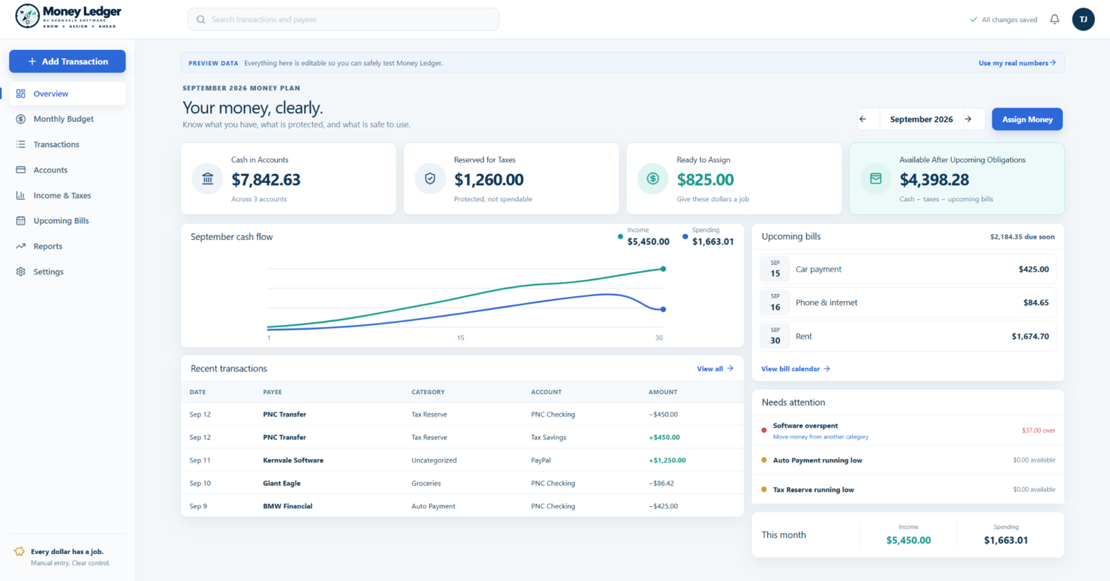 Money Ledger overview interface
